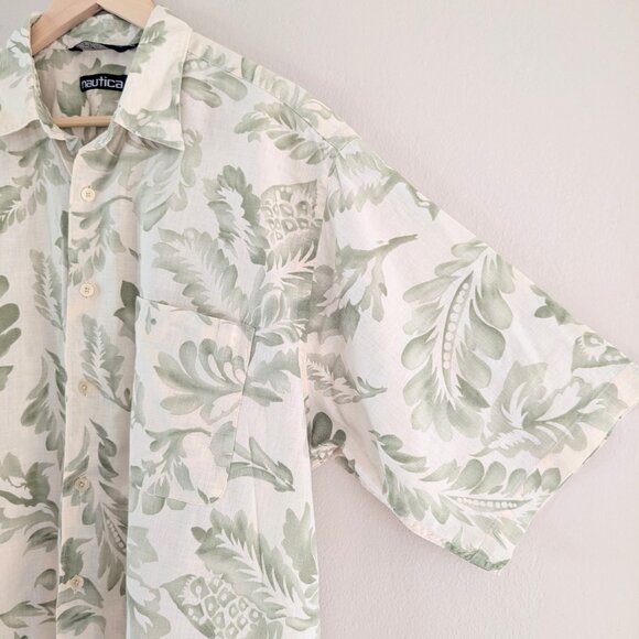Vintage Nautica Men's Linen Blend Hawaiian Shirt Botanical‎ Tropical Vacation XL - Picture 4 of 14